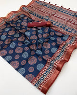 Groovy Navy Blue Ajrakh Printed Soft Silk Saree With Engaging Blouse Piece