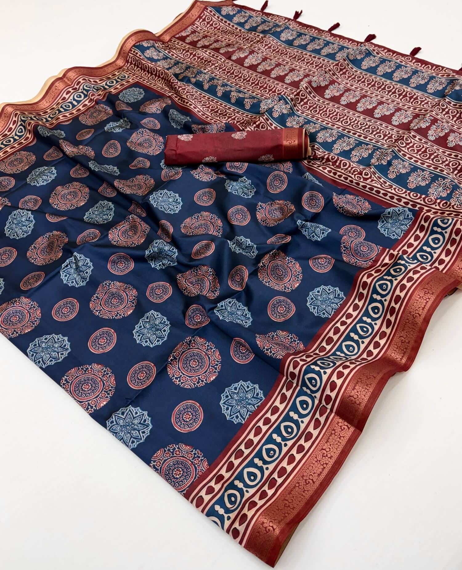 Groovy Navy Blue Ajrakh Printed Soft Silk Saree With Engaging Blouse Piece
