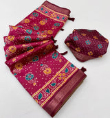 Quixotic Dark Pink Ajrakh Printed Soft Silk Saree With Ineffable Blouse Piece