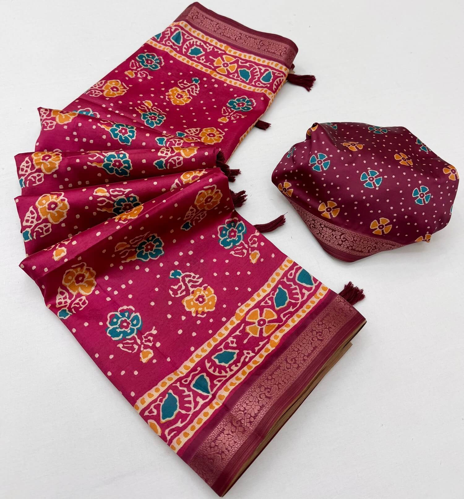 Quixotic Dark Pink Ajrakh Printed Soft Silk Saree With Ineffable Blouse Piece