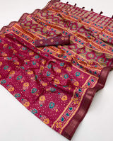 Quixotic Dark Pink Ajrakh Printed Soft Silk Saree With Ineffable Blouse Piece