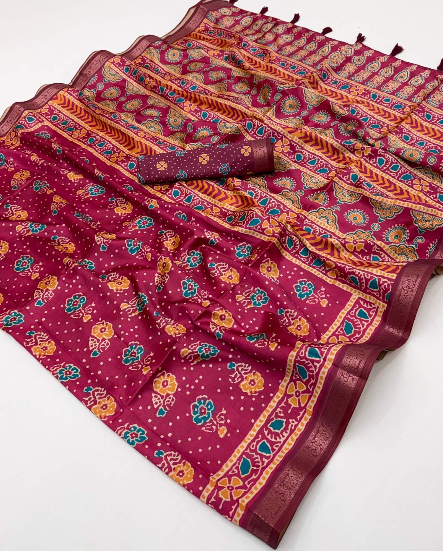 Quixotic Dark Pink Ajrakh Printed Soft Silk Saree With Ineffable Blouse Piece