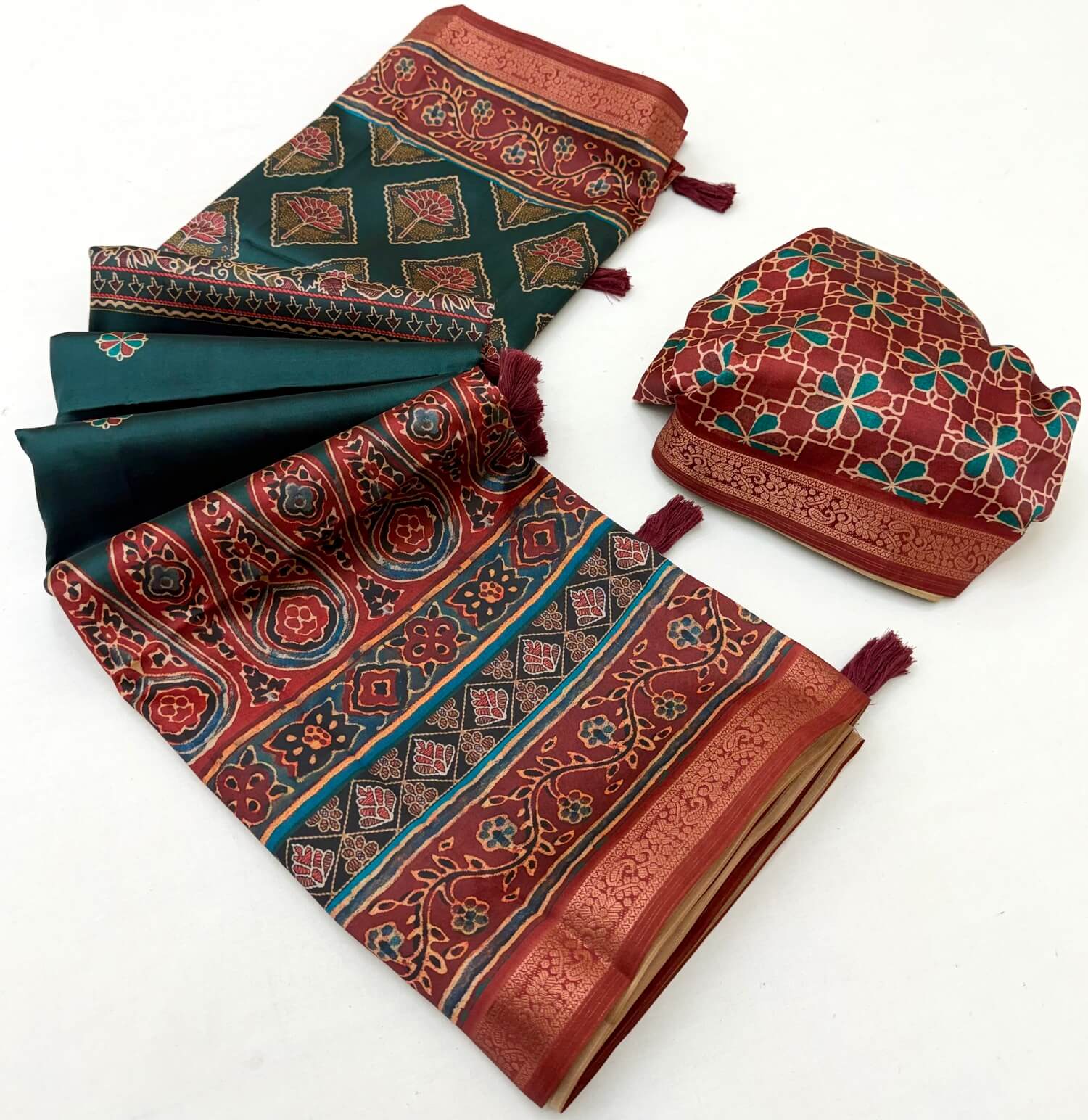 Embellished Rama Ajrakh Printed Soft Silk Saree With Sizzling Blouse Piece