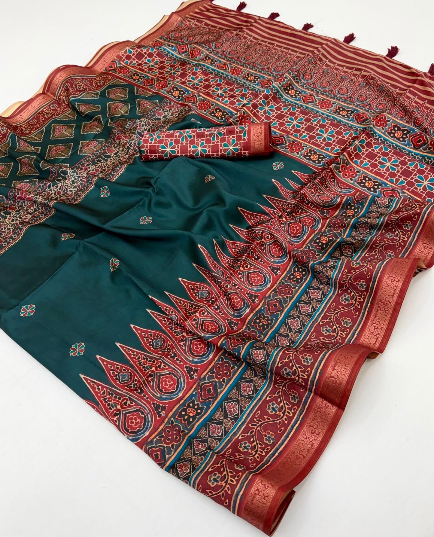 Embellished Rama Ajrakh Printed Soft Silk Saree With Sizzling Blouse Piece