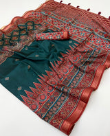Embellished Rama Ajrakh Printed Soft Silk Saree With Sizzling Blouse Piece