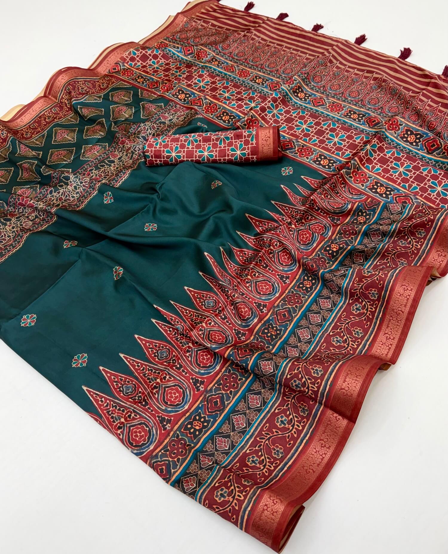Embellished Rama Ajrakh Printed Soft Silk Saree With Sizzling Blouse Piece