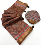 Comely Brown Ajrakh Printed Soft Silk Saree With Mellifluous Blouse Piece