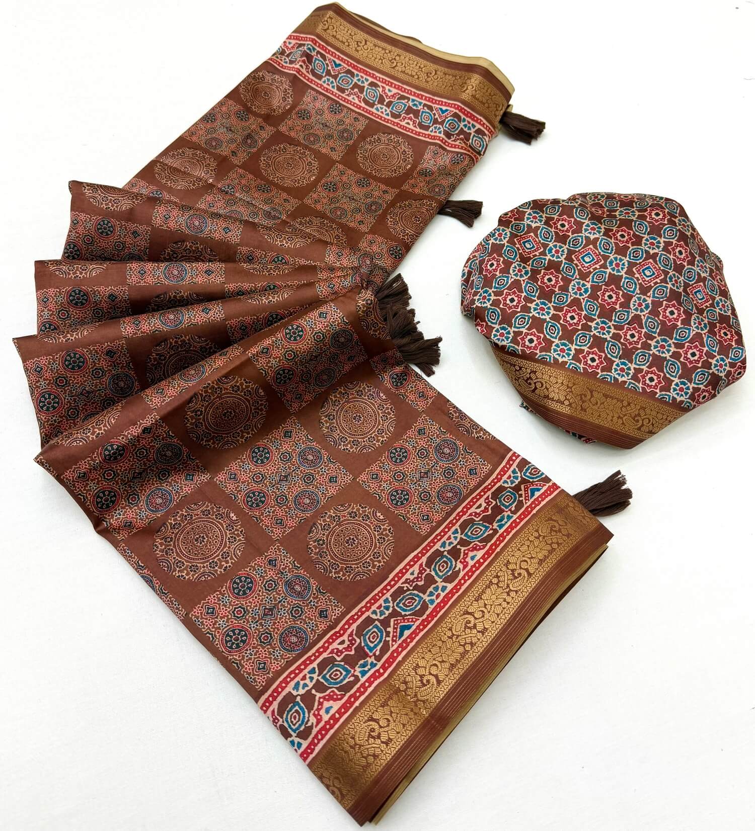 Comely Brown Ajrakh Printed Soft Silk Saree With Mellifluous Blouse Piece