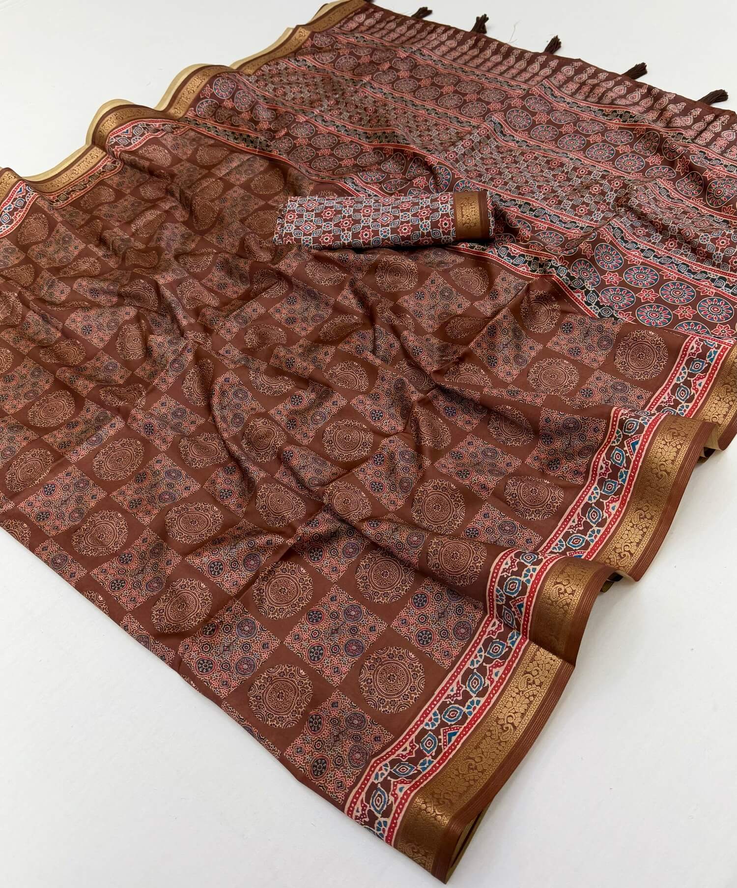 Comely Brown Ajrakh Printed Soft Silk Saree With Mellifluous Blouse Piece