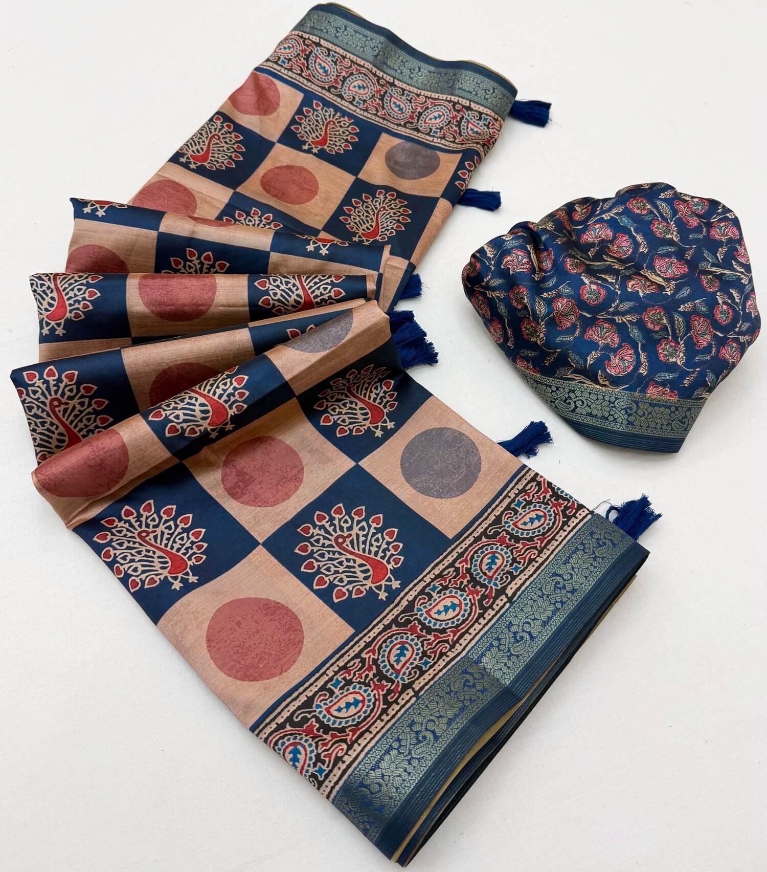 Magnificat Beige and Blue Ajrakh Printed Soft Silk Saree With Beleaguer Blouse Piece