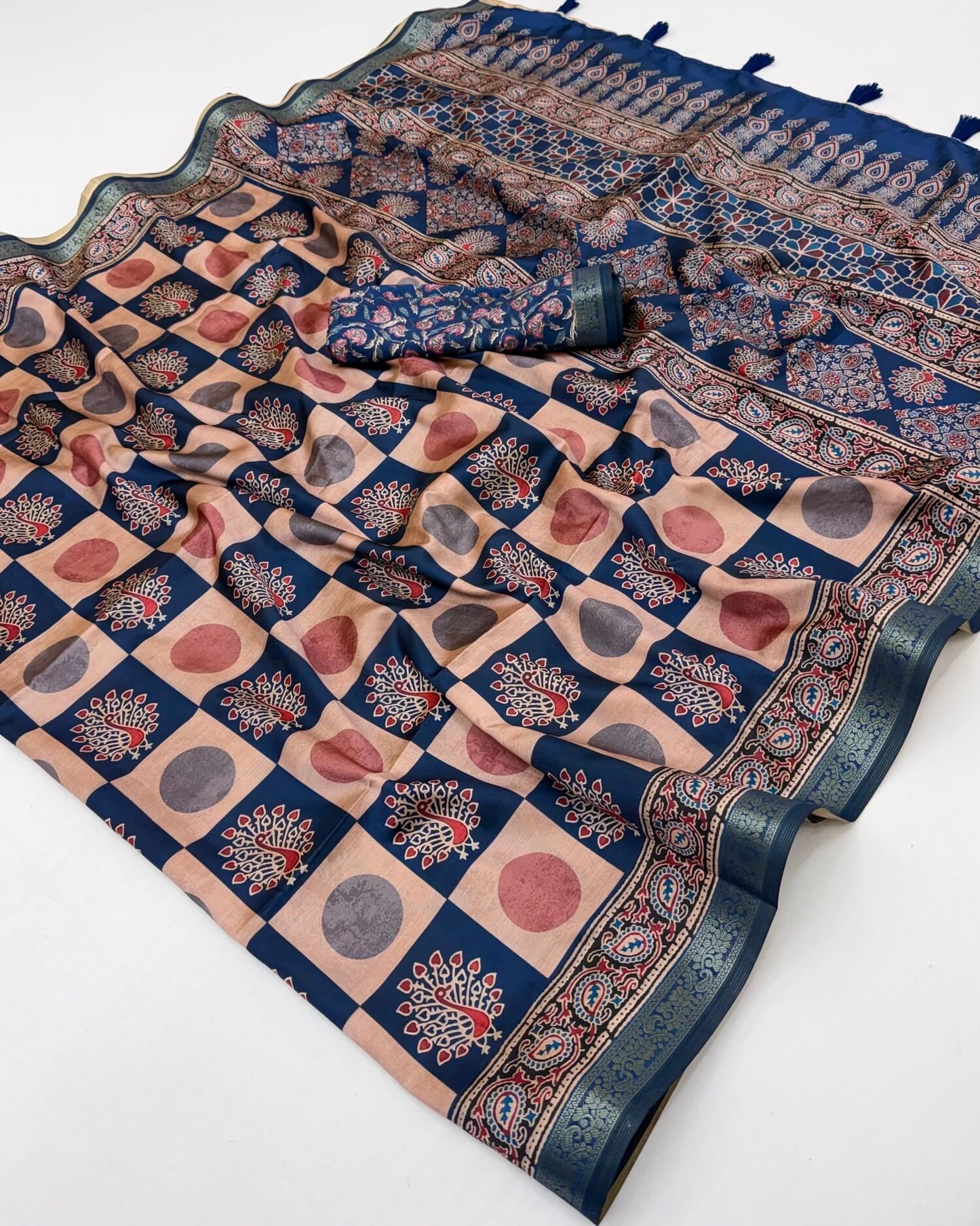 Magnificat Beige and Blue Ajrakh Printed Soft Silk Saree With Beleaguer Blouse Piece