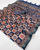 Magnificat Beige and Blue Ajrakh Printed Soft Silk Saree With Beleaguer Blouse Piece