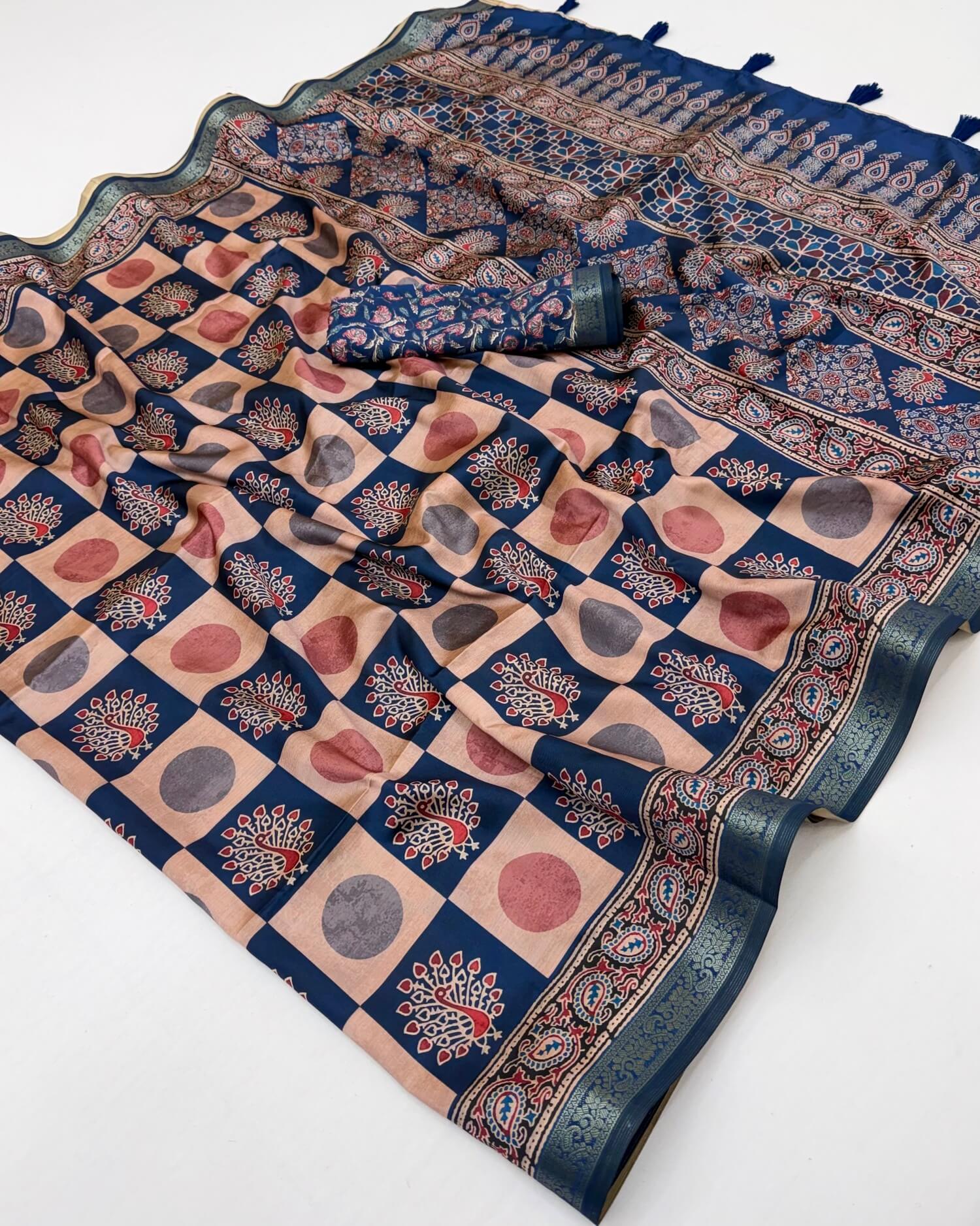 Magnificat Beige and Blue Ajrakh Printed Soft Silk Saree With Beleaguer Blouse Piece