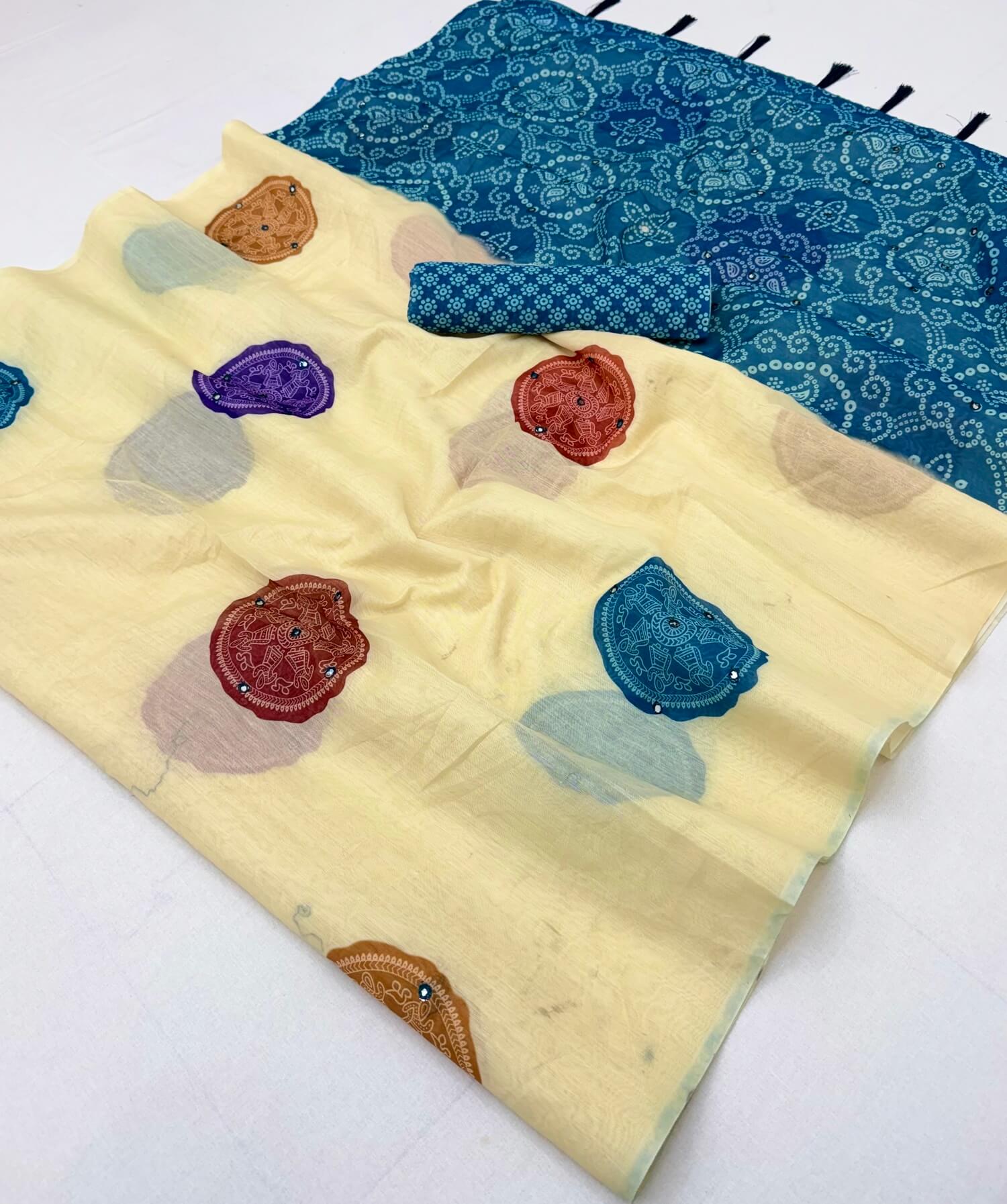 Impressive Beige Printed Cotton Silk Saree With Prettiest Blouse Piece