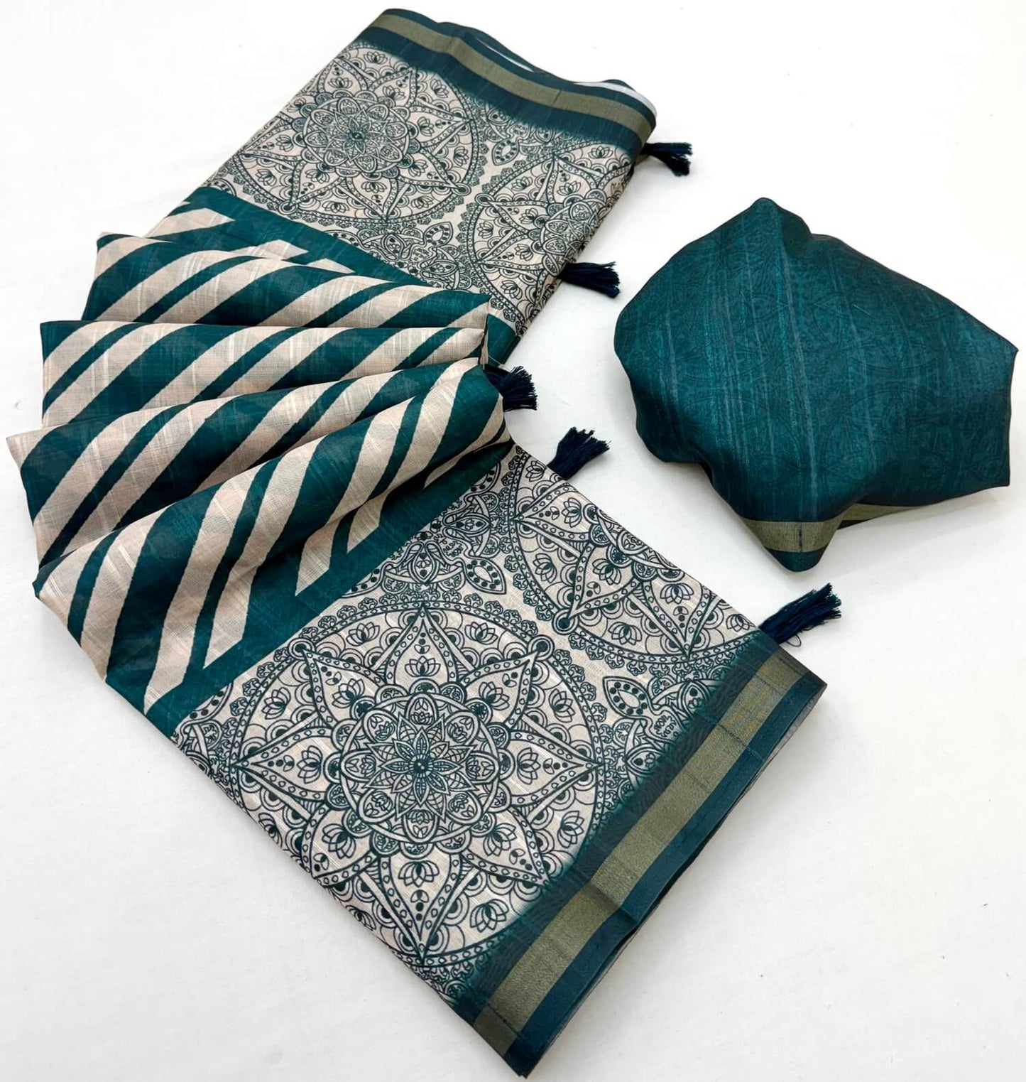 Lagniappe Rama Printed Cotton Silk Saree With Resplendent Blouse Piece