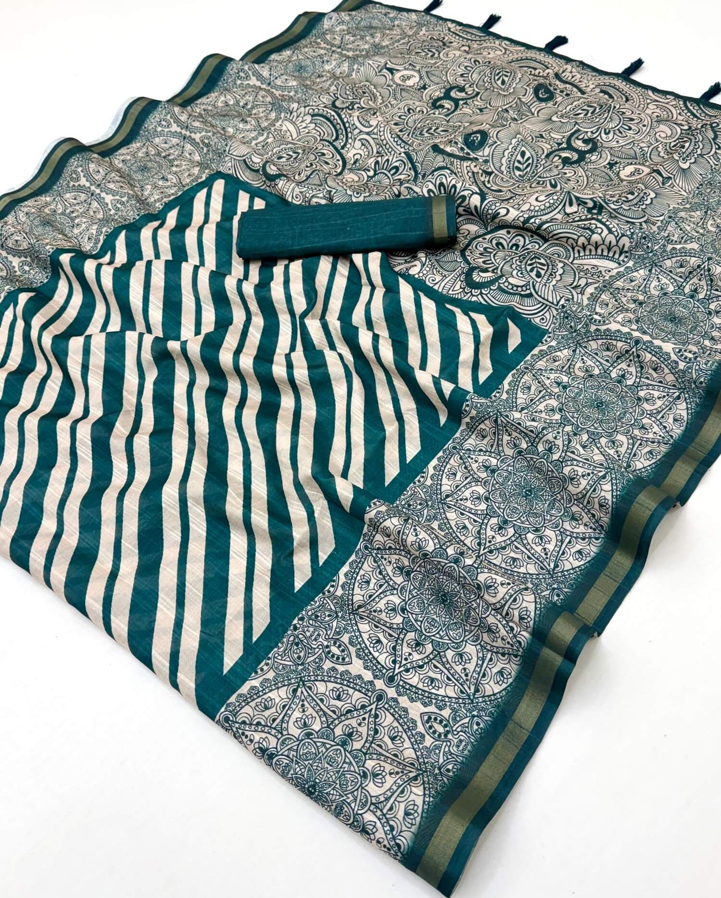 Lagniappe Rama Printed Cotton Silk Saree With Resplendent Blouse Piece