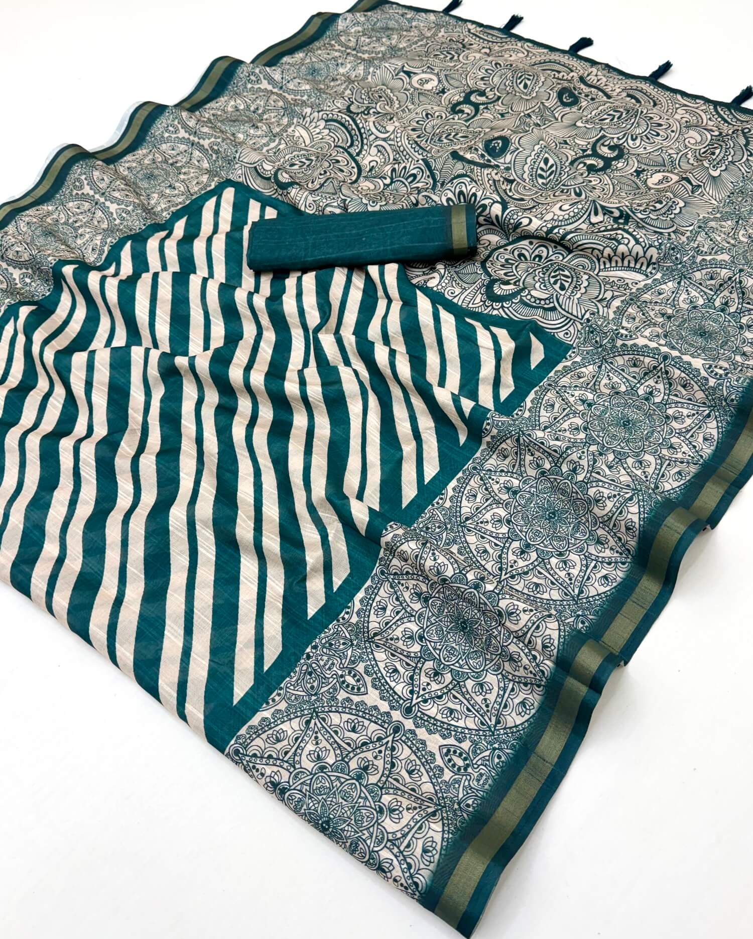 Lagniappe Rama Printed Cotton Silk Saree With Resplendent Blouse Piece