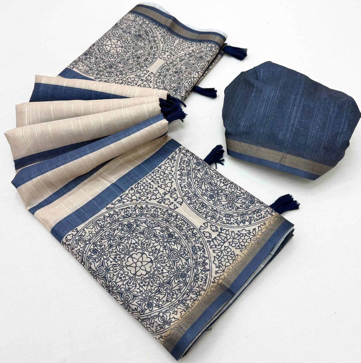 Adorable Navy Blue Printed Cotton Silk Saree With Ailurophile Blouse Piece