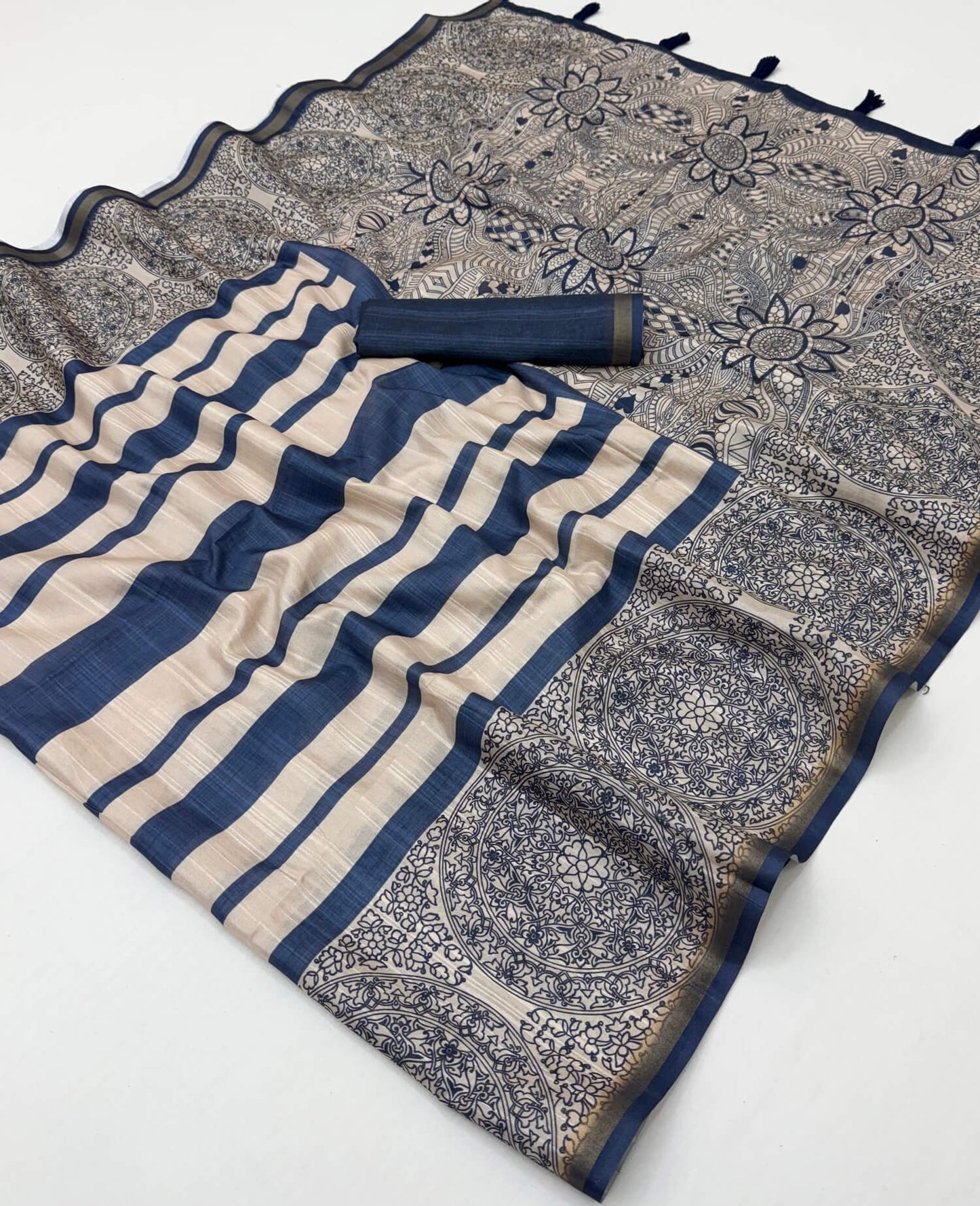 Adorable Navy Blue Printed Cotton Silk Saree With Ailurophile Blouse Piece