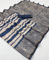 Adorable Navy Blue Printed Cotton Silk Saree With Ailurophile Blouse Piece