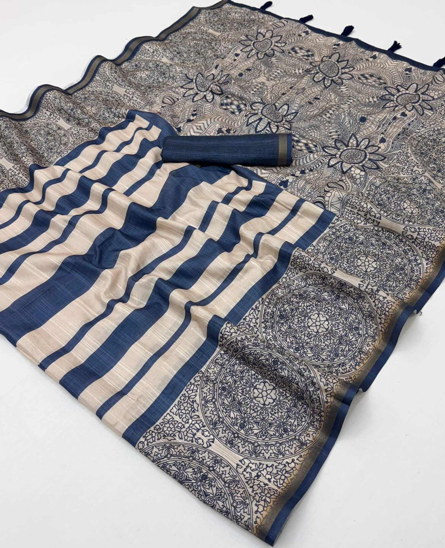 Adorable Navy Blue Printed Cotton Silk Saree With Ailurophile Blouse Piece