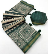 Excellent Dark Green Printed Cotton Silk Saree With Quintessential Blouse Piece