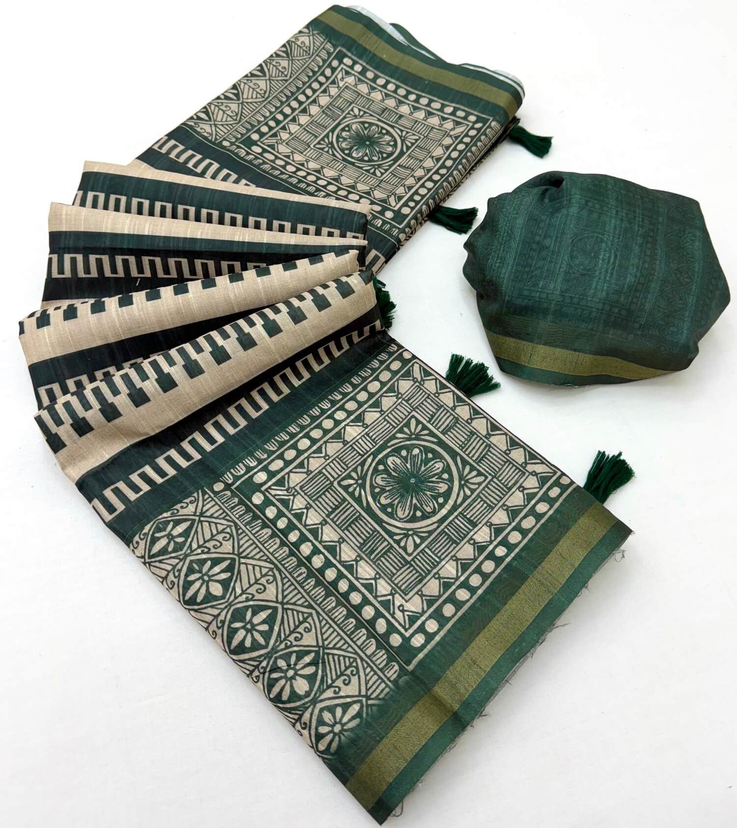 Excellent Dark Green Printed Cotton Silk Saree With Quintessential Blouse Piece