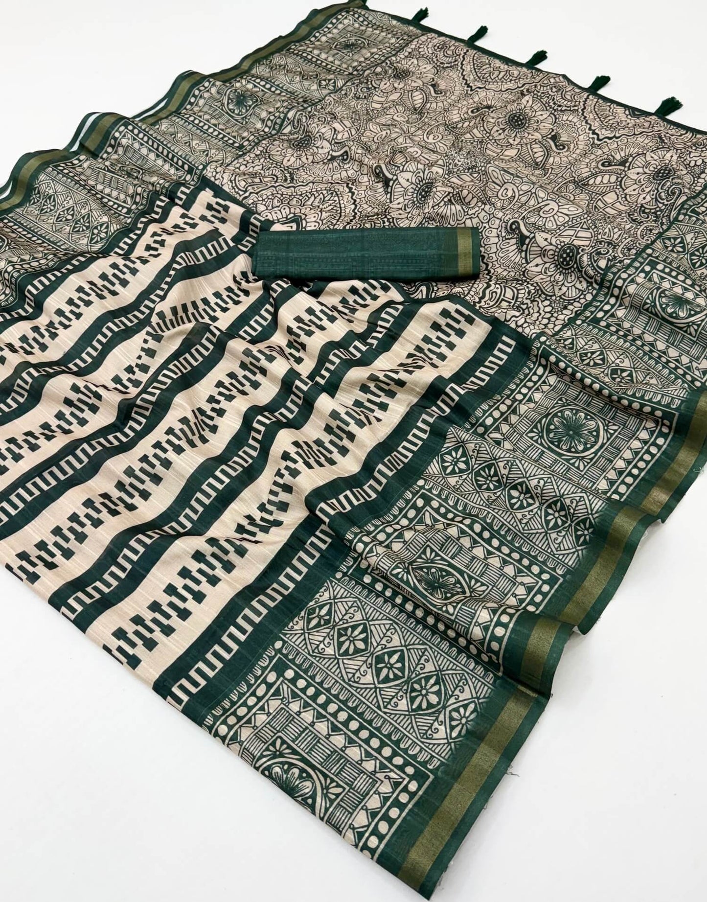 Excellent Dark Green Printed Cotton Silk Saree With Quintessential Blouse Piece