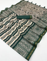 Excellent Dark Green Printed Cotton Silk Saree With Quintessential Blouse Piece