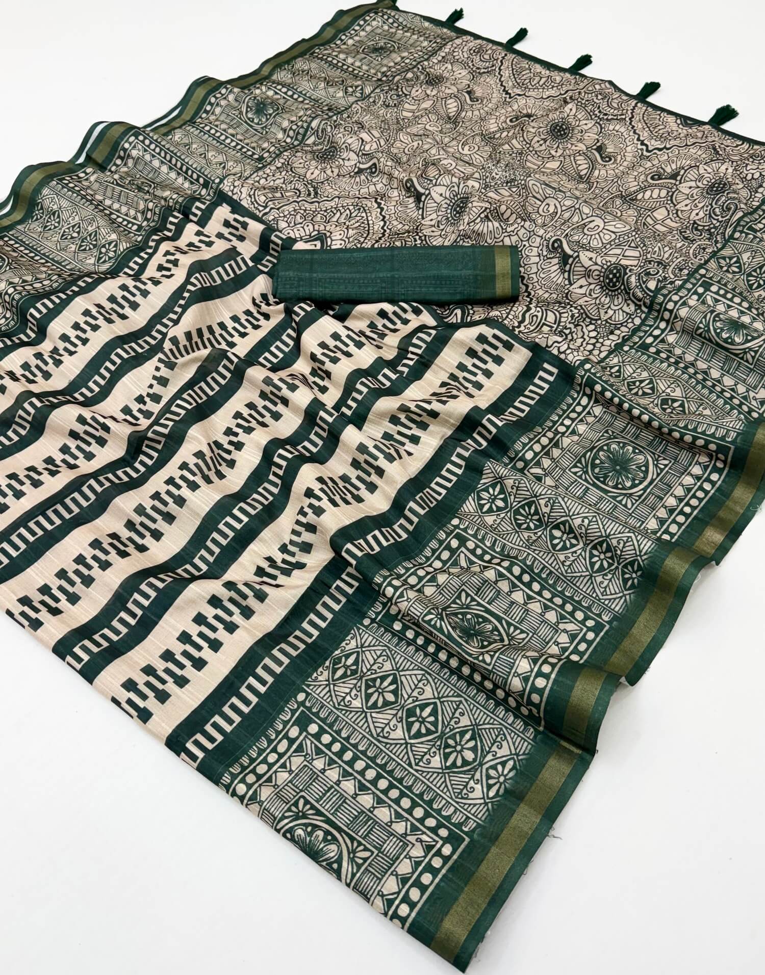 Excellent Dark Green Printed Cotton Silk Saree With Quintessential Blouse Piece