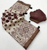 Eloquence Brown Printed Cotton Silk Saree With Majesty Blouse Piece