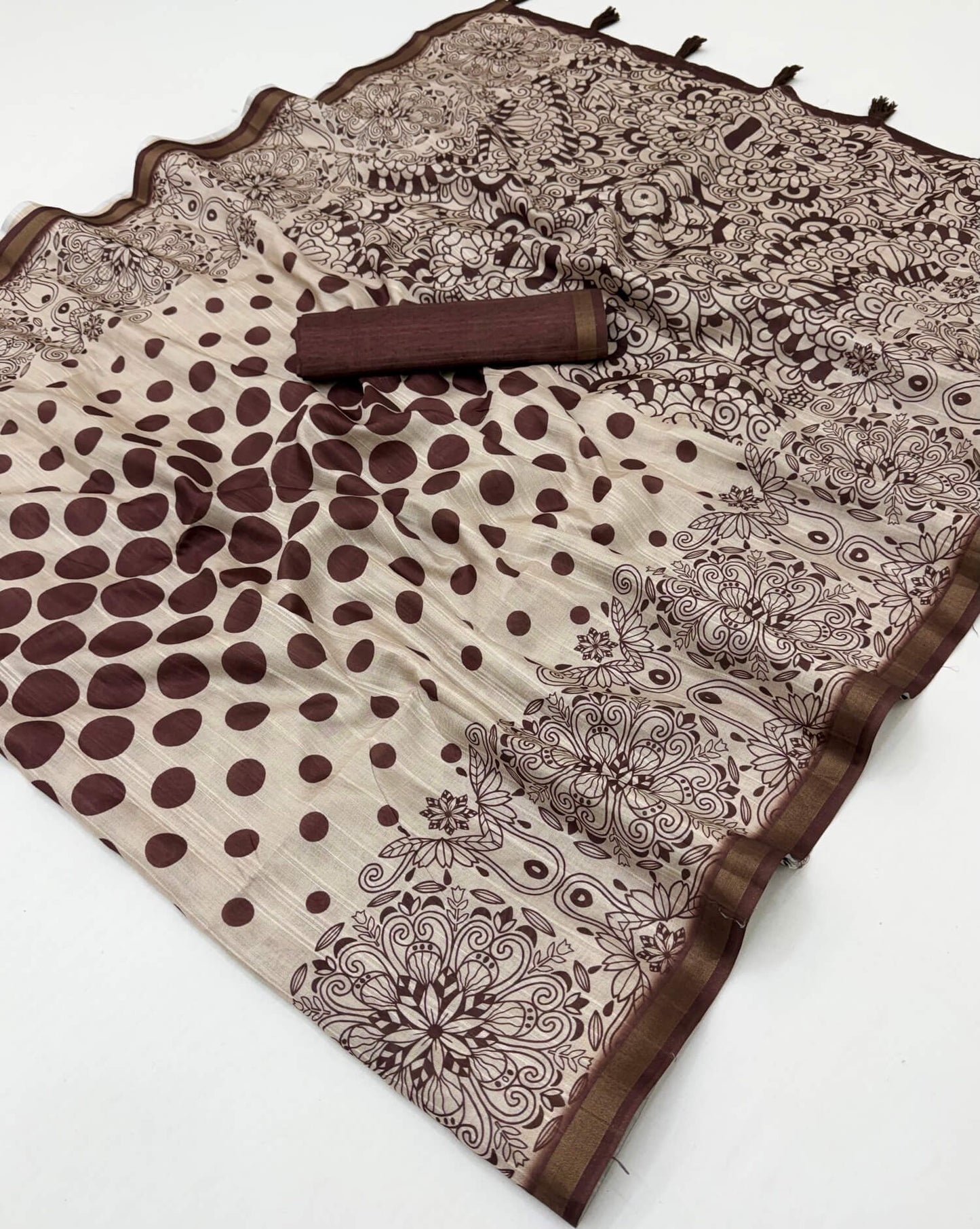 Eloquence Brown Printed Cotton Silk Saree With Majesty Blouse Piece