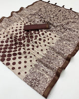 Eloquence Brown Printed Cotton Silk Saree With Majesty Blouse Piece