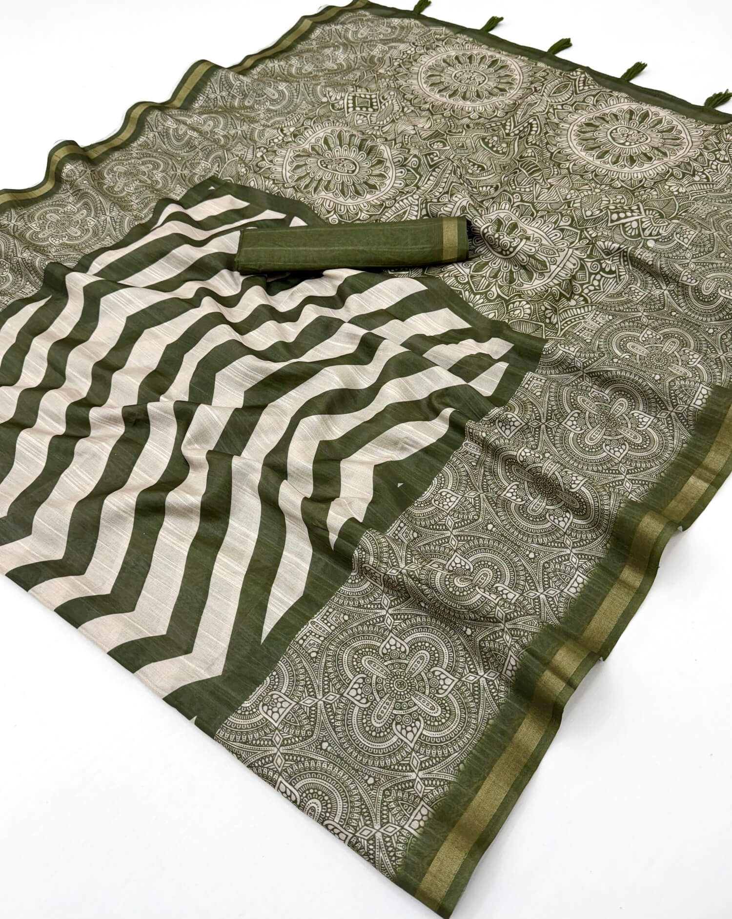 Breathtaking Green Printed Cotton Silk Saree With Adorning Blouse Piece