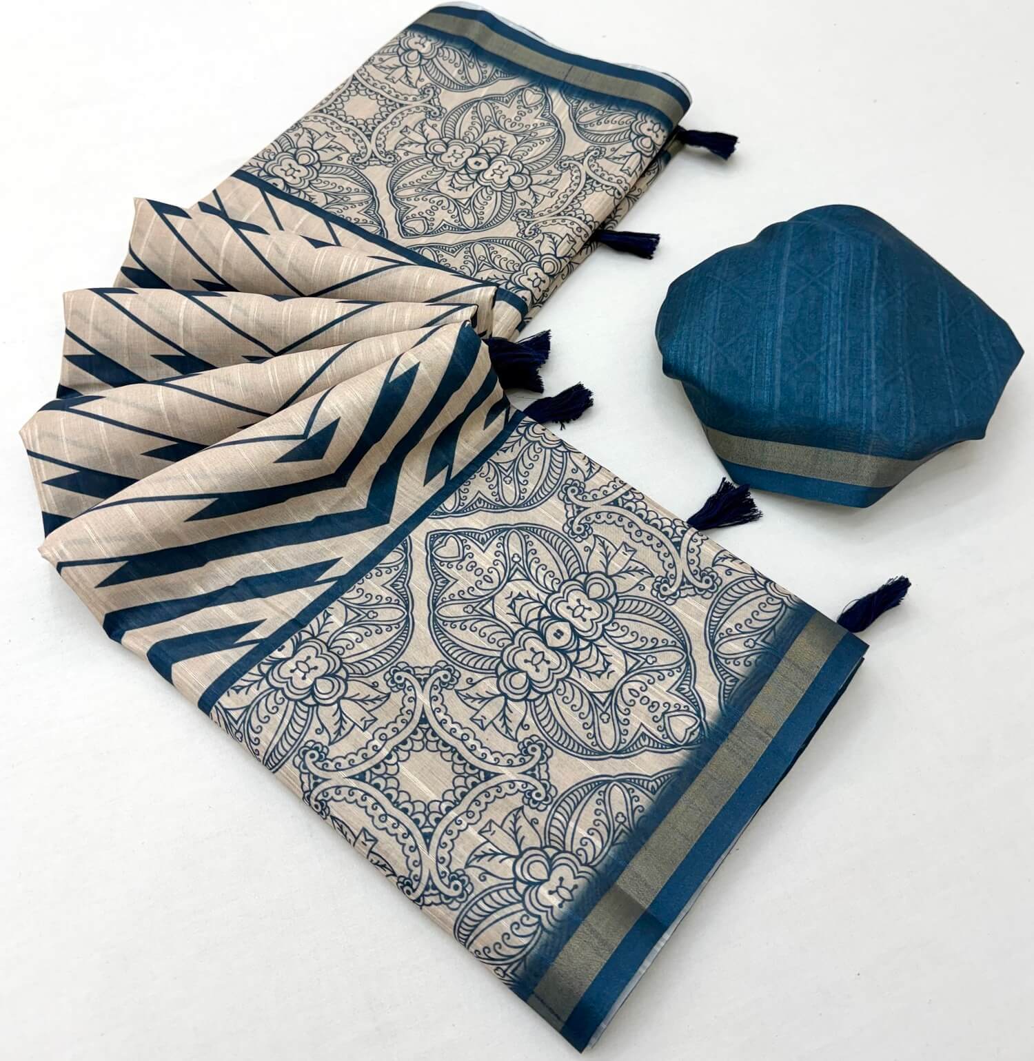 Lassitude Blue Printed Cotton Silk Saree With Radiant Blouse Piece