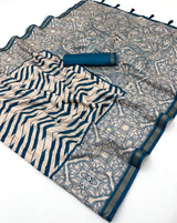 Lassitude Blue Printed Cotton Silk Saree With Radiant Blouse Piece