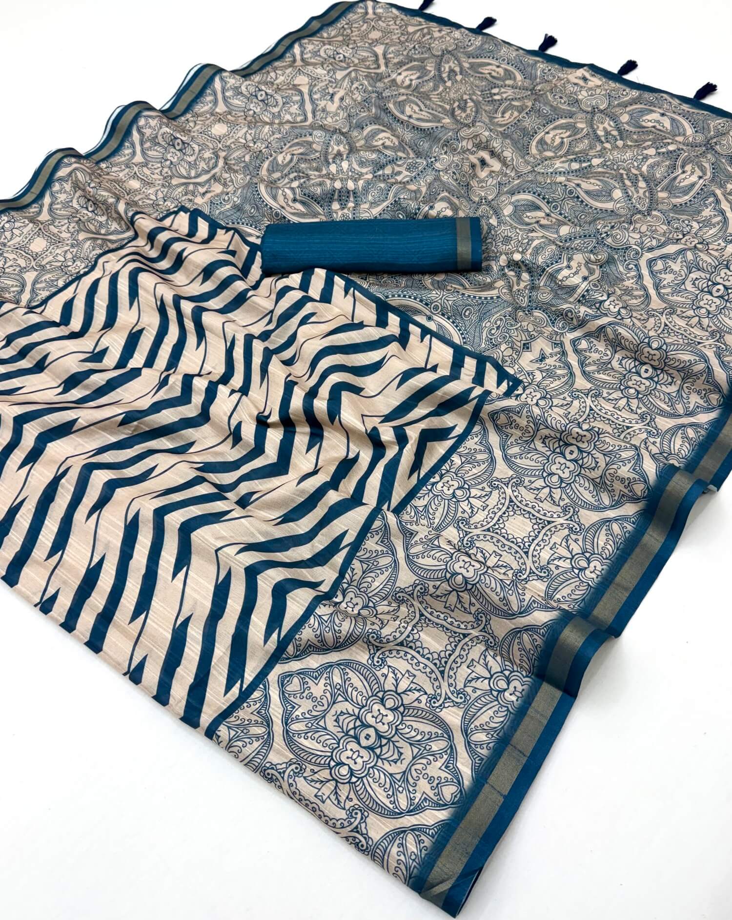 Lassitude Blue Printed Cotton Silk Saree With Radiant Blouse Piece