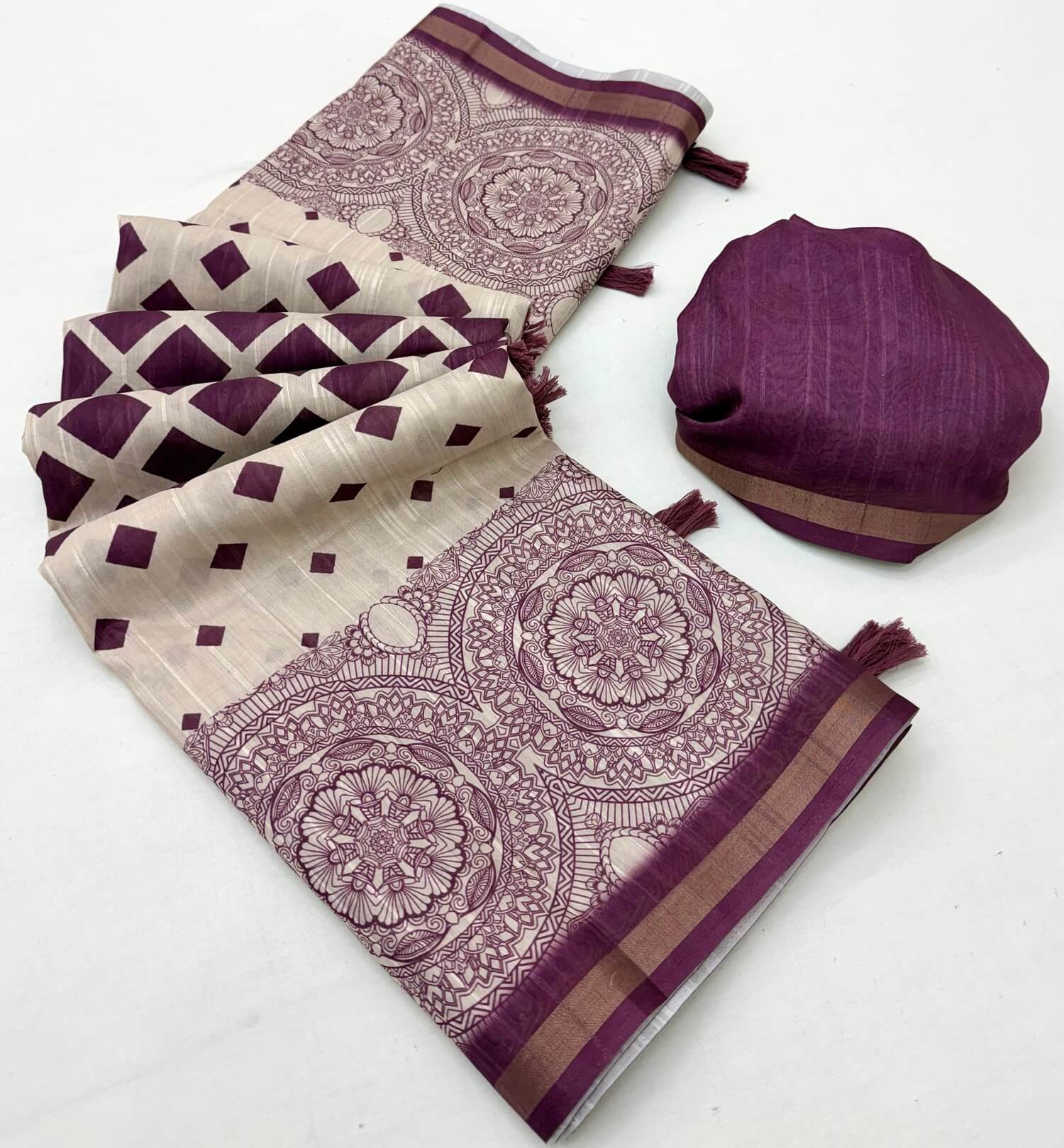 Classic Wine Printed Cotton Silk Saree With Arresting Blouse Piece