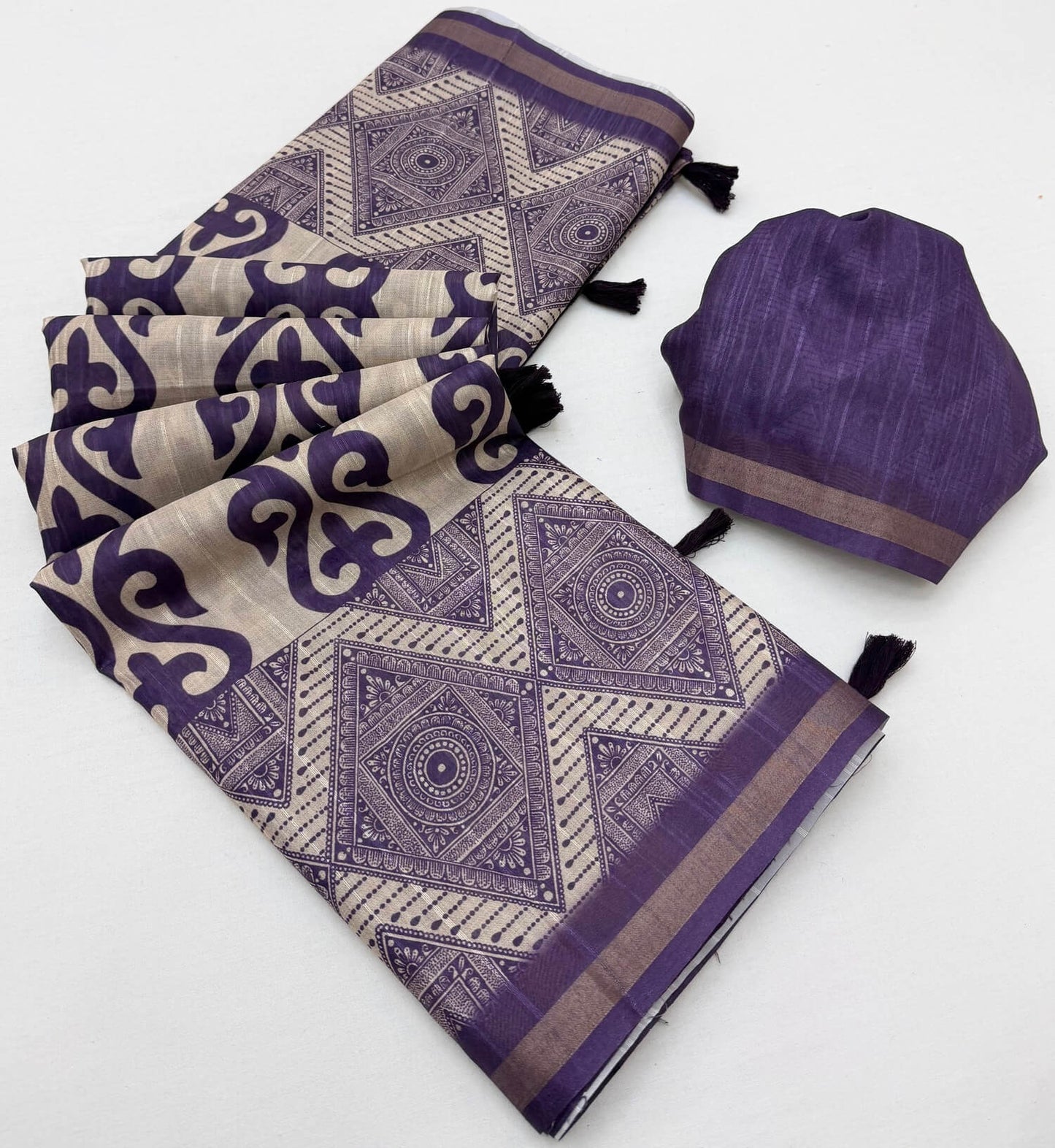 Beautiful Purple Printed Cotton Silk Saree With Ethereal Blouse Piece