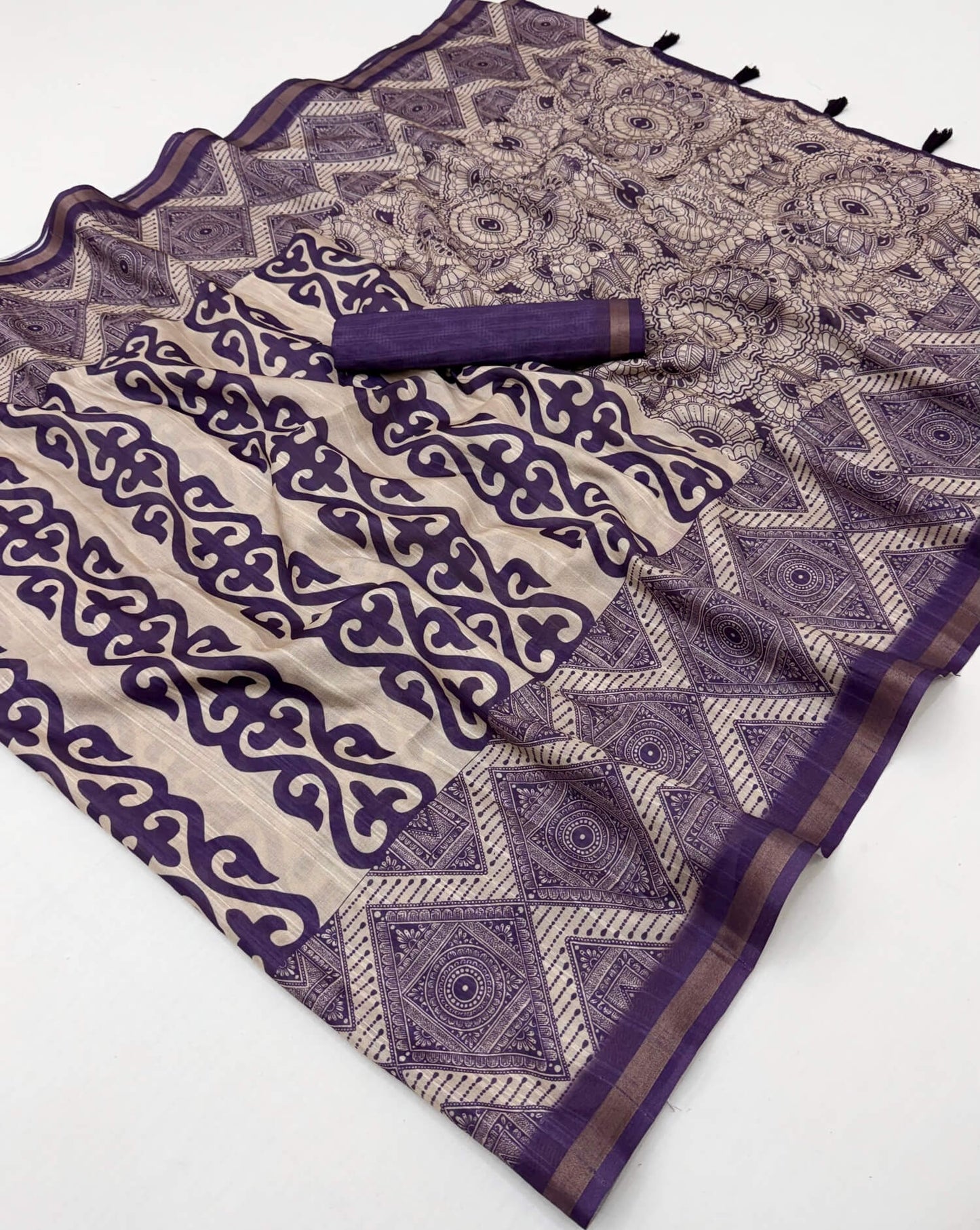 Beautiful Purple Printed Cotton Silk Saree With Ethereal Blouse Piece