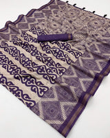 Beautiful Purple Printed Cotton Silk Saree With Ethereal Blouse Piece