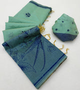 Snappy Turquoise Pure Munga Cotton Silk Saree With Exceptional Blouse Piece