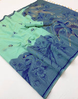 Snappy Turquoise Pure Munga Cotton Silk Saree With Exceptional Blouse Piece