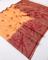 Staggering Peach Pure Munga Cotton Silk Saree With Diaphanous Blouse Piece