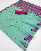 Embrocation Turquoise Pure Munga Cotton Silk Saree With Seraglio Blouse Piece