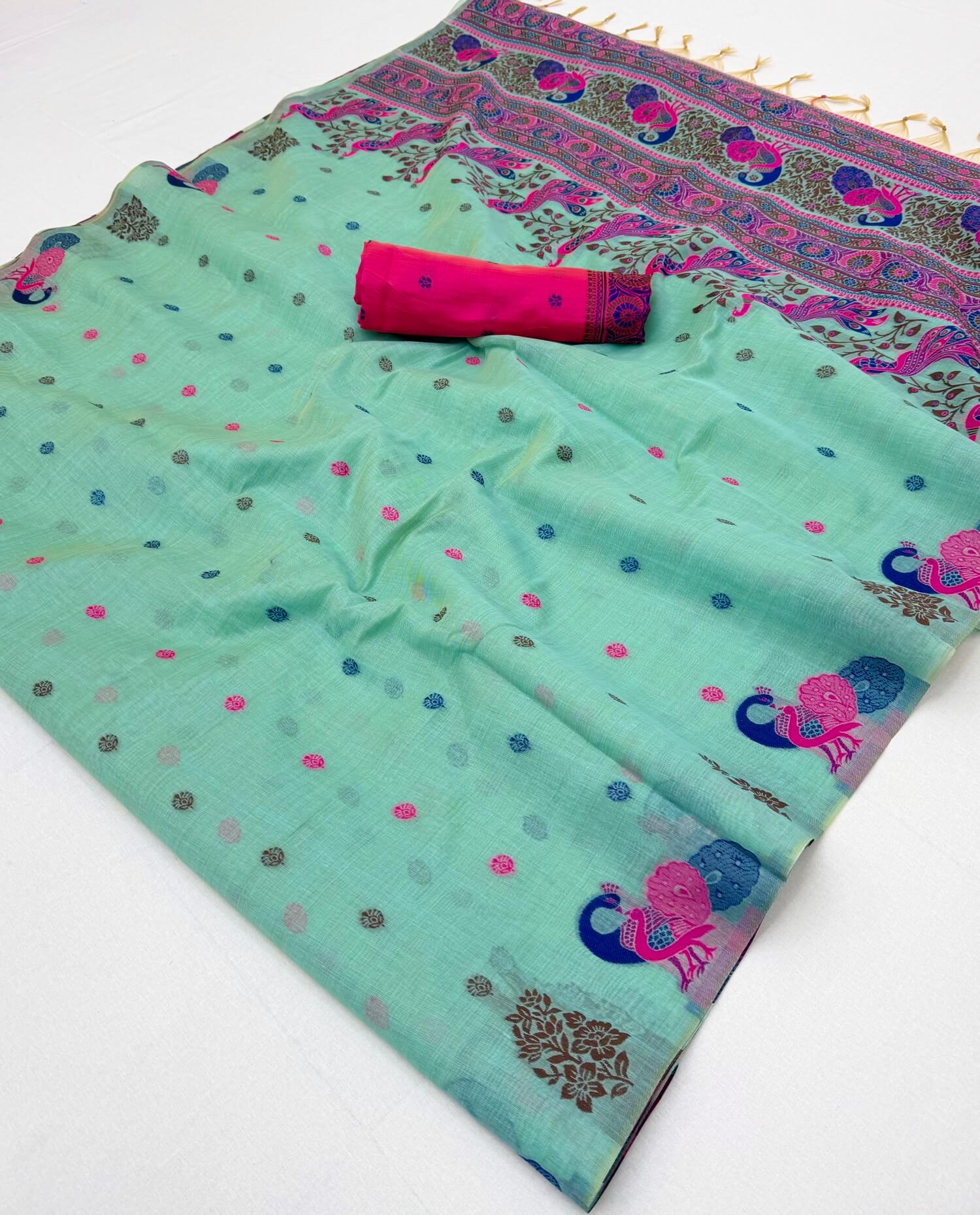 Embrocation Turquoise Pure Munga Cotton Silk Saree With Seraglio Blouse Piece