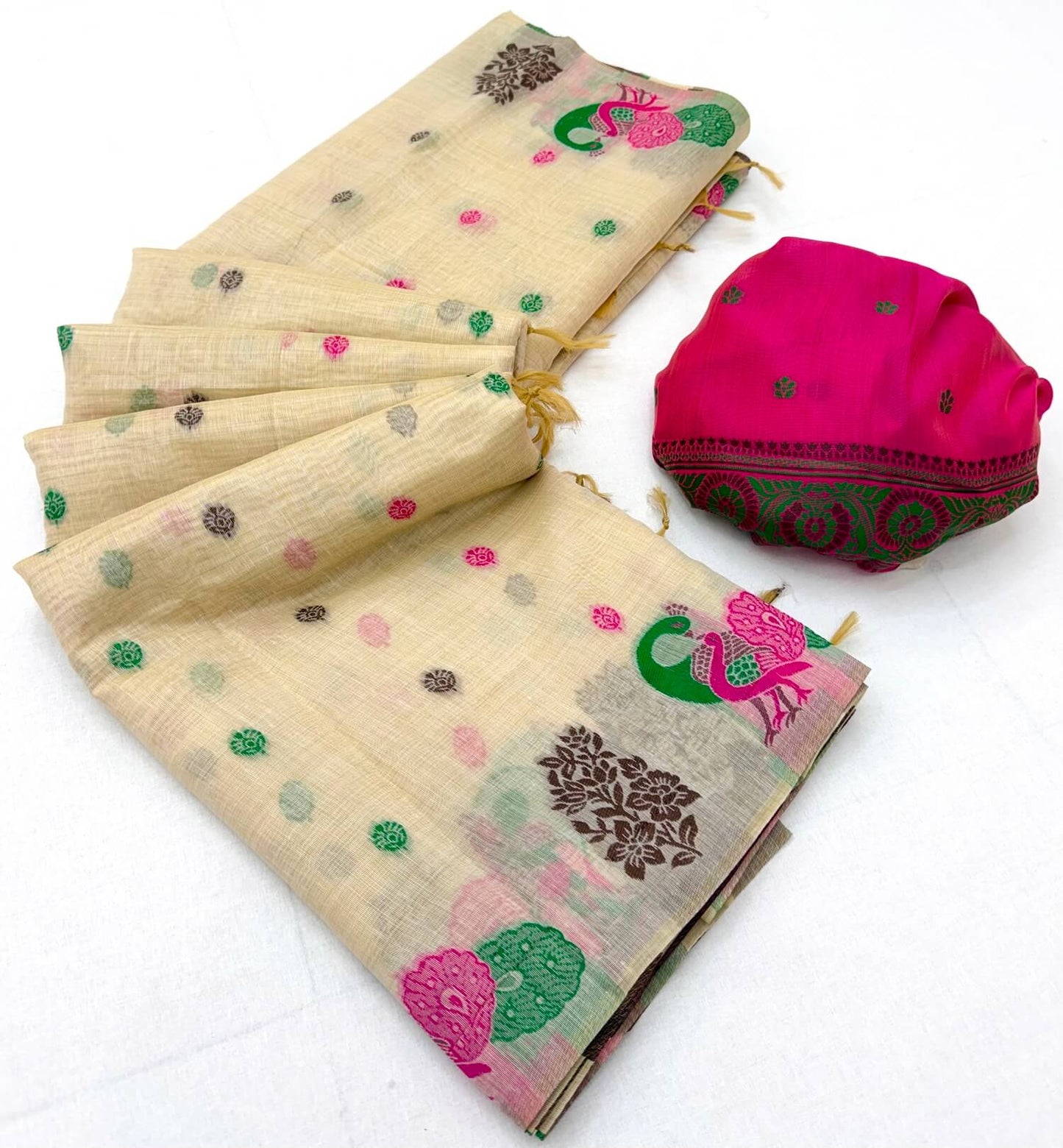 Fantabulous Beige Pure Munga Cotton Silk Saree With Imaginative Blouse Piece