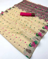 Fantabulous Beige Pure Munga Cotton Silk Saree With Imaginative Blouse Piece
