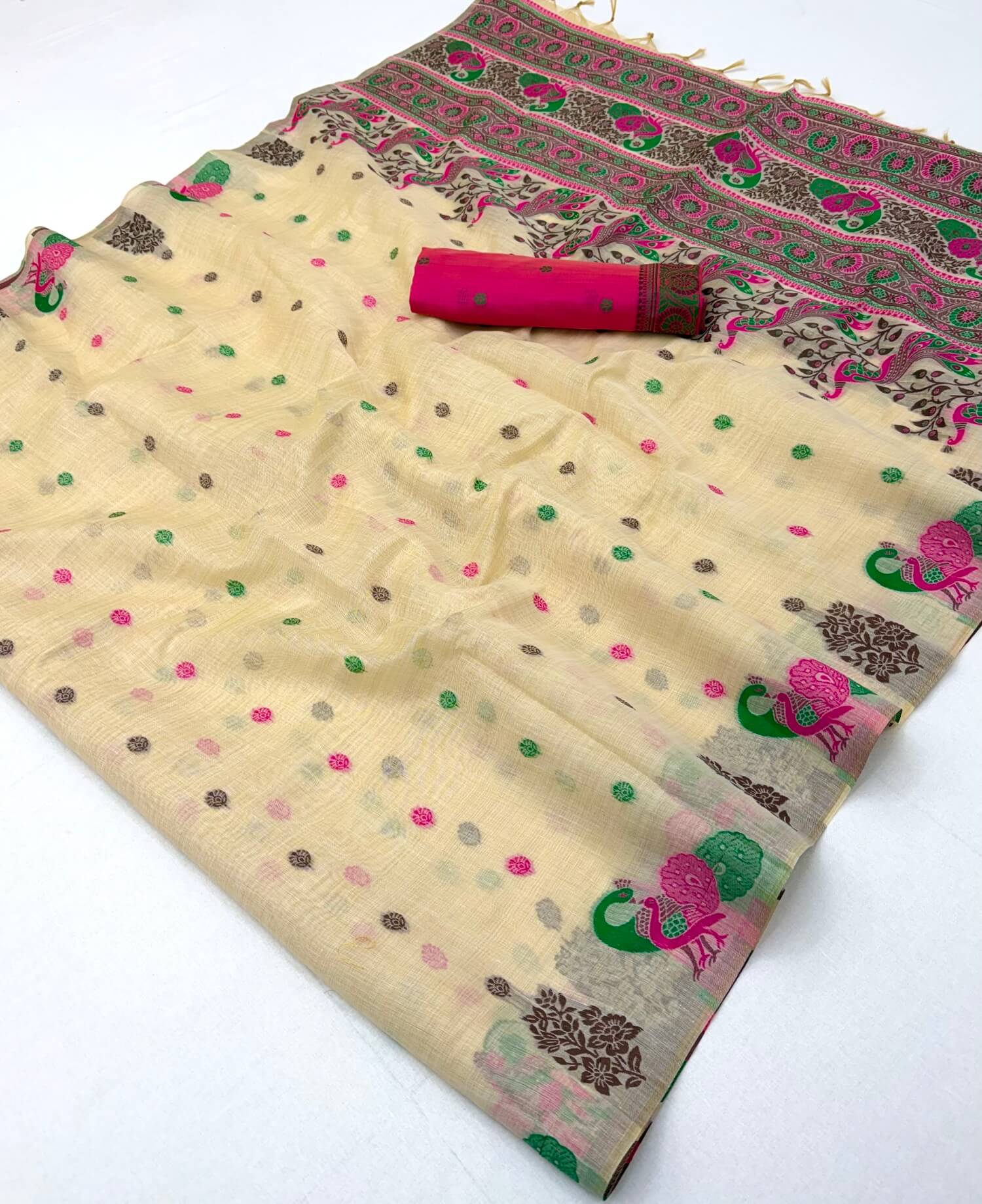 Fantabulous Beige Pure Munga Cotton Silk Saree With Imaginative Blouse Piece