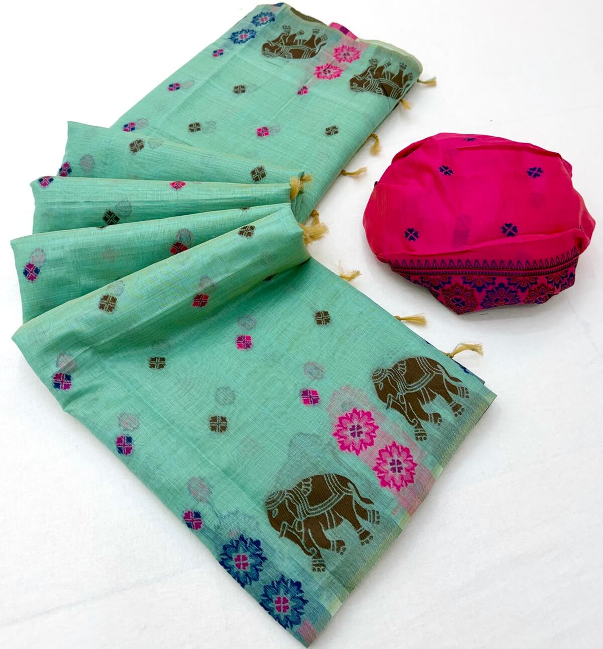Fragrant Sea Green Pure Munga Cotton Silk Saree With Pleasurable Blouse Piece